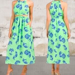 Likely NWT Karrica Dress Green Blue Floral Pockets Crepe Cutouts Size 2